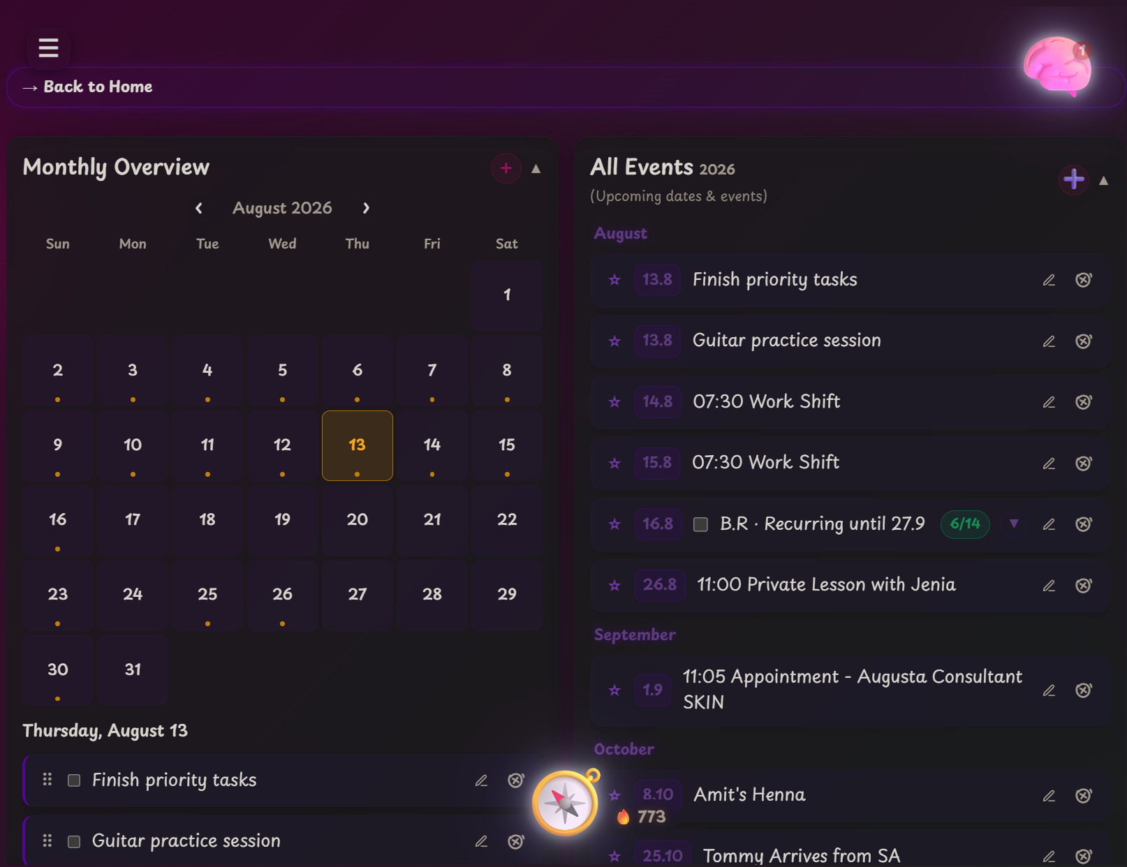 NOT10 monthly overview and events screen