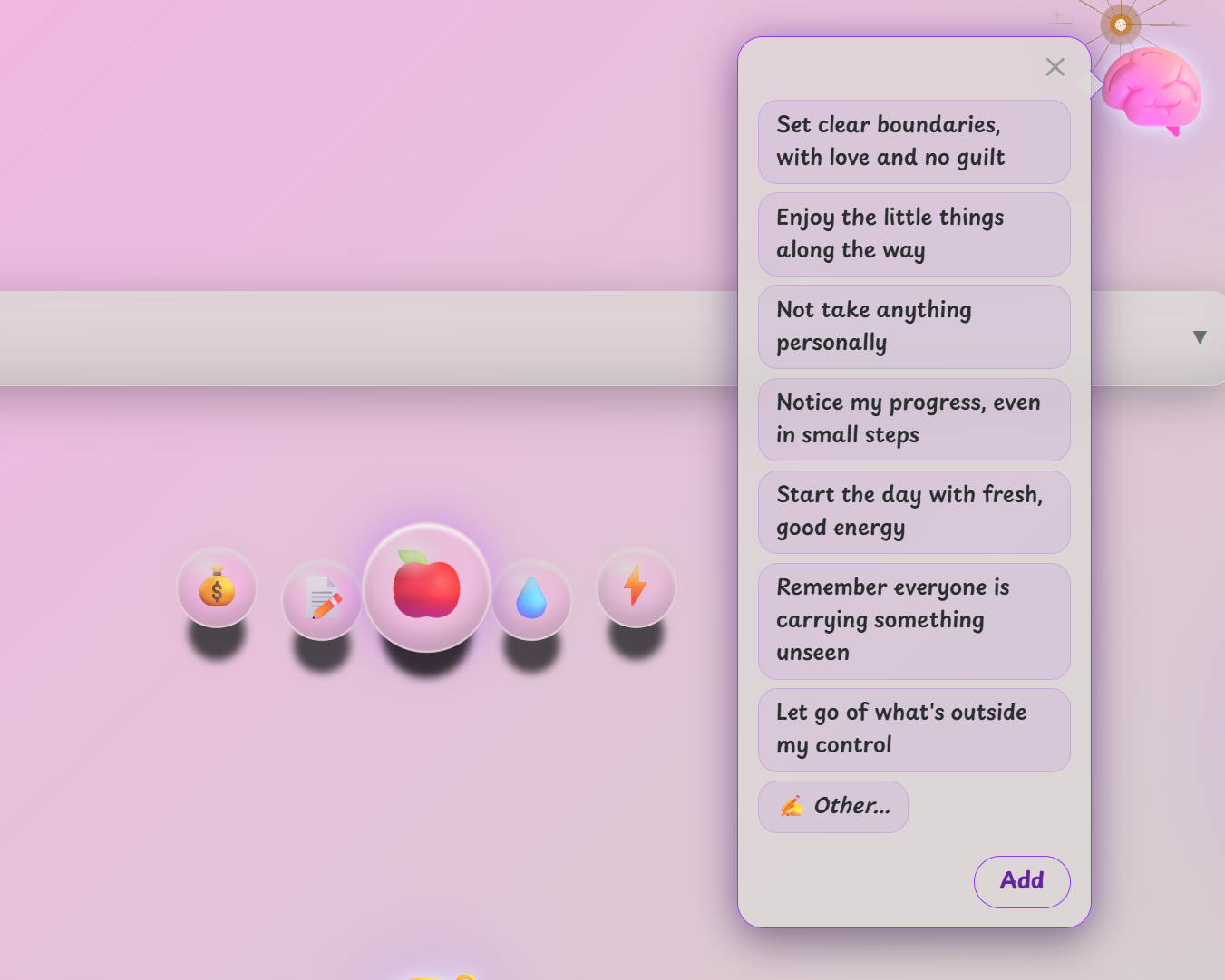 NOT10 daily focus suggestions screen