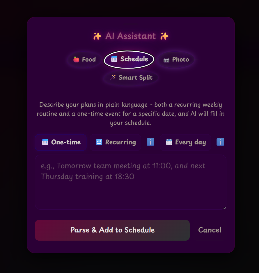 NOT10 AI assistant schedule parsing screen