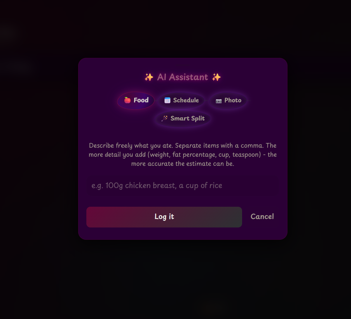 NOT10 AI assistant food logging screen